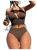 OYOANGLE Women's 2 Piece Bikini Set Halter V Neck High Waisted Swimsuit Textured Summer Beach Bathing Suits Brown Large