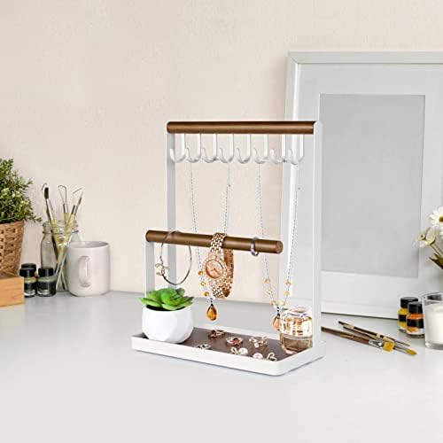 AJINGSHANG Jewellery Stand Holder, 3-Tier Necklace Hanging Wooden Ring Organiser Earring Tray, 8 Hooks Storage Necklaces, Bracelets, Rings and Watches Display on Desk Tabletop- White