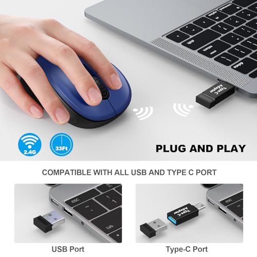 Image of WisFox 2.4G Wireless Mouse for Laptop, Ergonomic Computer Mouse with USB Receiver and Type-C Adapter, 3 Adjustable Levels, 6 Button Cordless Wireless Mice for Windows Mac PC Notebook (Blue)