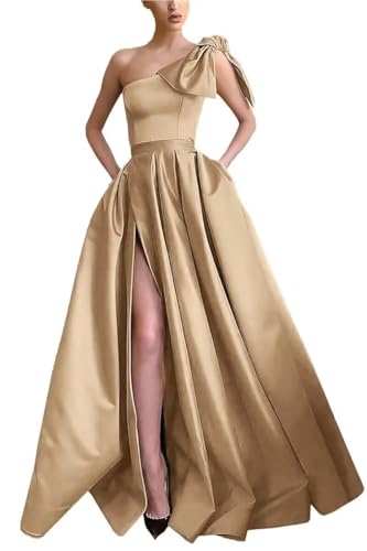 A Line One Shoulder Satin Long Prom Dress for Women, Sleeveless Formal Evening Party Gown with Side Slit