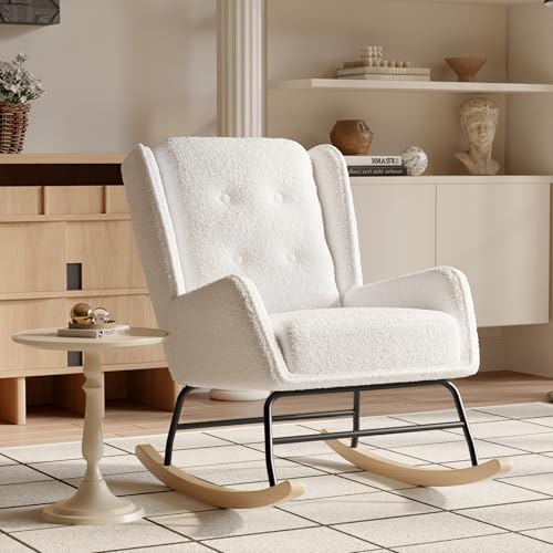 Sillón mecedora de tela de felpa, sillón de salón escandinavo, estructura de madera maciza y metal, silla de basula para sala de estar, dormitorio, blanco