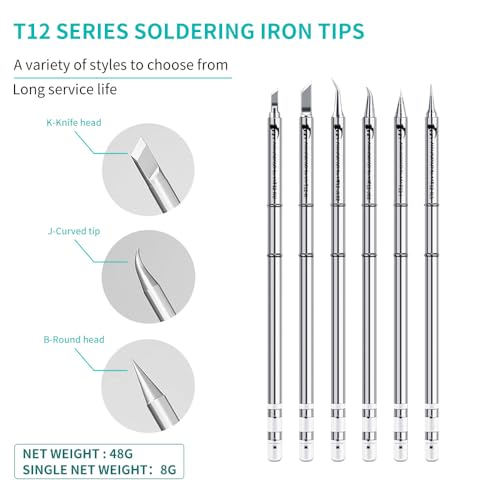 Image of HZY T12 Soldering Iron Tips, Soldering Iron Tips Replacement for T12 Soldering Iron Station, T12 Soldering Kit, 6 Types Soldering Tool (T12-K, T12-KU, T12-I, T12-ILS, T12-J02, T12-JL02)
