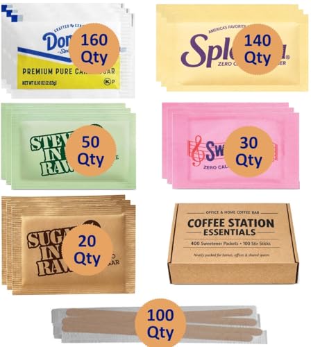 Coffee Station Essentials – 400 Sweetener Packets + 100 Stir Sticks – Office, Home, Hotel & Breakroom Coffee Bar Kit