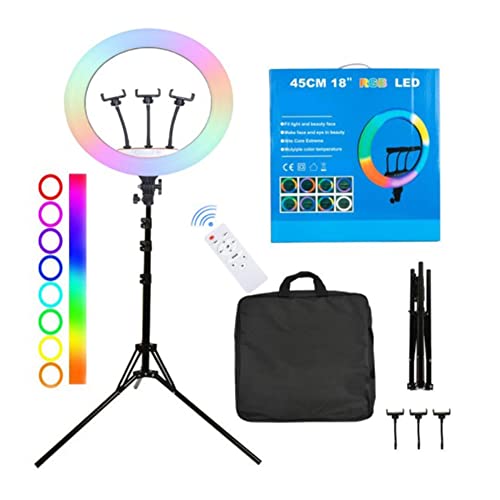 Lanlousy Anillo de luz RGB de 18 pulgadas con trípode remoto de 45 cm, luz de relleno LED regulable para selfie, iluminación en