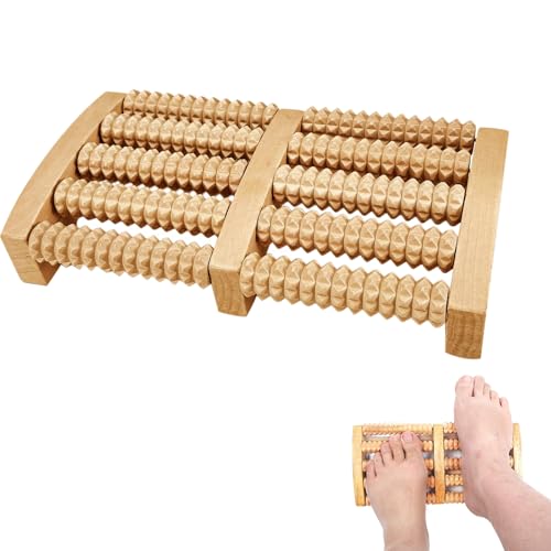 Hsyadazi Massaggiatore per piedi in legno, con 5 rulli per fascite plantare e sperone calcaneare, massaggiatore per alleviare il dolore e il relax