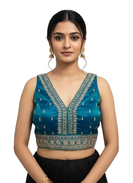 Women’s Zari Butta Silk Blouse | V-Neck Front & Back Design | Hook Closure for Secure Fit | Smooth Silk Fabric | Peacock Blue Colour | Size 40