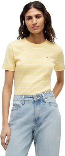 Tommy Hilfiger Damen Slim Cody C-Nk Ss Ww0Ww40587 S/S T-Shirt Gelb (Fine STP Citronella/Ecru) S