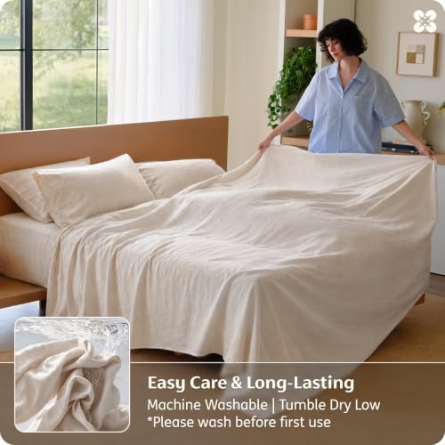 Image of Bedsure PureWoven 100% Washed Cotton Sheets Queen, Linen-Like Feel, 6PCS