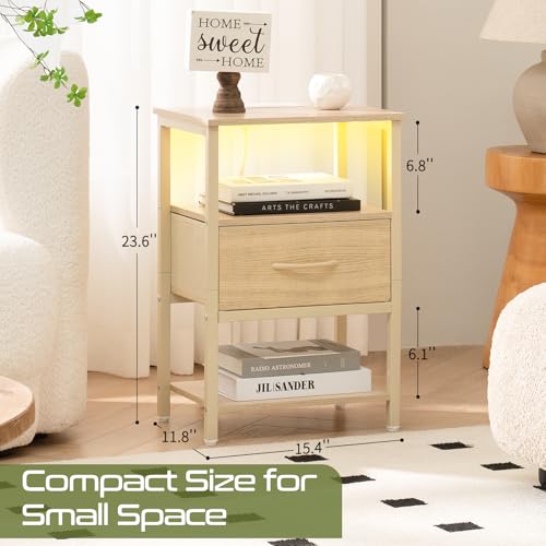 Image of Yoobure Night Stand with Charging Station, LED Nightstand for Bedroom, Bedside Tables with Adjustable Fabric Drawer, 3-Tier End Table Living Room, Small Side Table with Storage, Natural Wood
