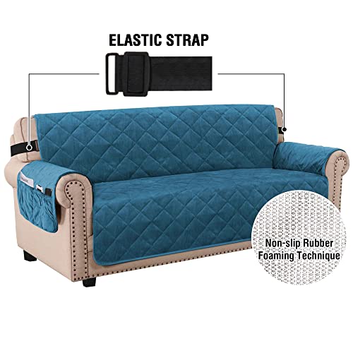 H.versailtex Thick Velvet Sofa Cover Couch Cover For 3 Cushion Cover Washable Furniture Protector For Dogs Non-Slip Sofa Slipcover With Elastic Strap Fit Sitting Width Up To 70"(Sofa, Peacock Blue) #TOP2