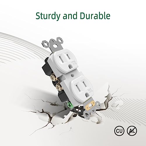 15A Duplex Receptacle, Decorative Outlet, Tamper-Resistant Electrical Wall Outlets, Standard Residential Grade, 2-Pole 3-Wire, Self-Grounding, Child Safe, Commercial Use, Ul Listed, White, 10 Pack #TOP5