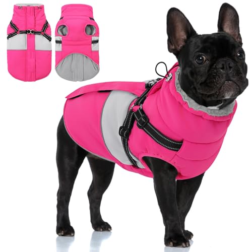 KOESON Dog Coat, Warm Dog Winter Jacket with Harness Built-in for Easy Walk, Fleece Lined Cold Weather Coat for Medium Dogs, Waterproof Puffer Jacket for French Bulldog, Corgi, Beagle, Hot Pink M