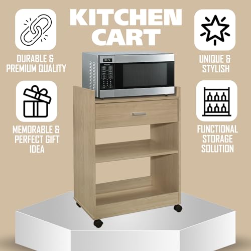 Kings Brand Furniture Dellow Microwave Cart with Storage Shelves and Drawer - 2 Shelf Veneers & Wood Kitchen Cart with Storage - Lockable & Unlockable Microwave Wooden Cart with Wheels - Beech - Thumbnail 6