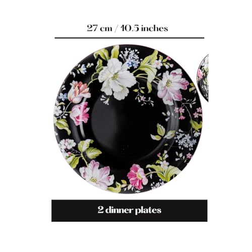 Image of GOLDEN QUEEN'S Handcrafted Dinner Plates: Set of 2 | Perfect for Hosting and Daily Meals | Microwave Safe Plates | 10.5 inch | Serves 2 (Garden Splendor in Black Dinner Plates)