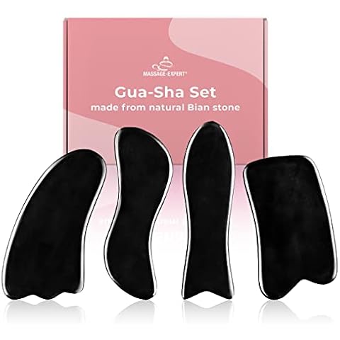 Gua-Sha Set with 4 Massage aids Made of Natural Bian Stone, Instructions and Storage Box Included - Effective Tool for Massage, Acupressure and Anti-Aging Treatments Cover