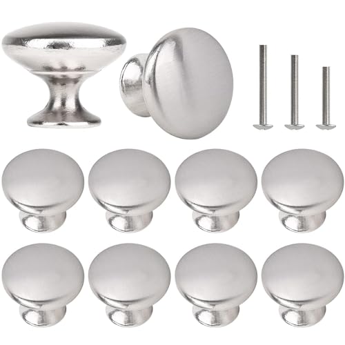 ShipeeKin 10x Cabinet Hardware Round Mushroom Knob Satin Brushed Nickel Wardrobe Drawer Pull Handles 30mm for Kitchen Cupboard Furniture Chest Door Dresser Bathroom