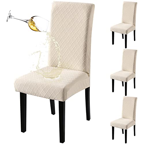Fuloon Waterproof Dining Chair Covers, Parsons Chair Slipcover, Super Fit Stretch Kitchen Chairs Slipcovers, Removable Washable Chairs Seat Slipcover for Dining Room, Kitchen, Banquet (4 Pack, Beige)