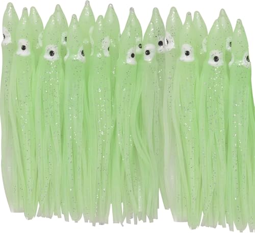 20pcs/40pcs Octopus Skirts Saltwater Soft Plastic Lure Fishing Squid Silicone Lure Bait Glow Trolling Fishing Lure Bass Fishing Tackle Accessories 2.75"/3.54"/4.33" (Green(Luminous), 3.54inch-40pcs)
