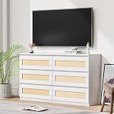 Commode en bois et rotin, centre de divertissement multimédia, commode à 6 tiroirs de 120 cm et large coffre de rangement, organiseur de meubles de style bohème pour chambre à coucher, salon, couloir