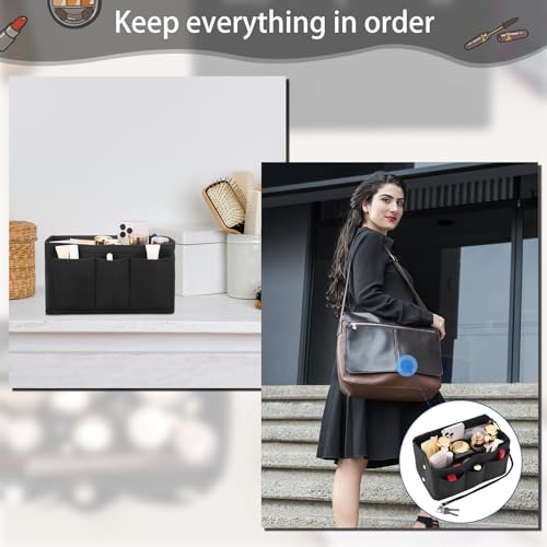 Hejo Handtaschen Organizer, Filz Taschenorganizer, Taschen Organizer Shopper, 27 × 16 × 15 cm Multi-Pocket Handtasche Innentasche für Damen Mädchen (Schwarz, M)