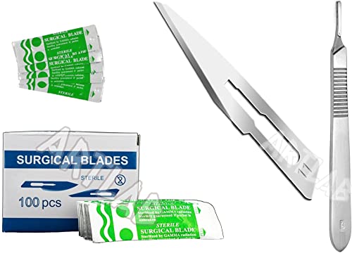 artlab-Pack of 100 Scalpel Blades #10,Scalpel Blades for Knife Scalpel, High Carbon Steel Dermablade Scalpel Blades. Individually Wrapped, Sterile +Free Handle (#11 PACK OF 100+HANDLE)