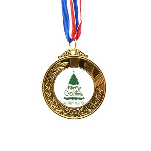 Medalla de oro con ilustración de árbol de Navidad y cinta satinada de alta calidad