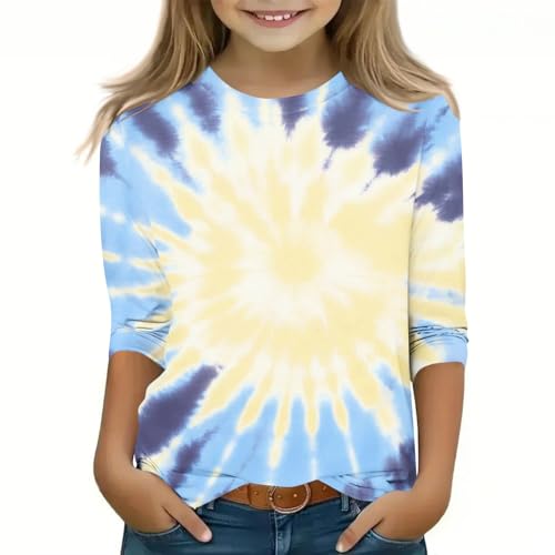 Girls 3/4 Sleeve Tops Color Tie Dye Loose Crewneck Dressy Casual Blouse Pullover Cute Tee Shirts for 3-12Y
