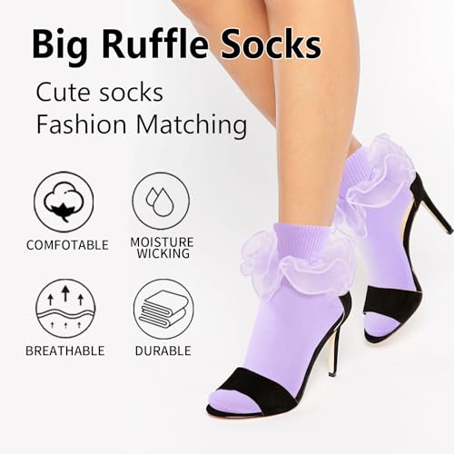 Image of Women Big Ruffle Ankle Socks Adult Double Lace Frilly Socks Fold Cuff Cotton Ruffled Dress Crew Bobby Bride Sock