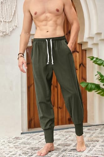 Mens Linen Harem Pants Lightweight Drawstring Elastic Waist Baggy Joggers Casual Cargo Sweatpants Pant3