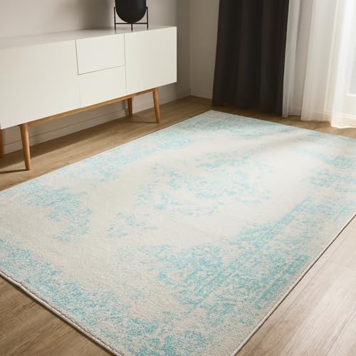 benuta Basic Teppich Sia - Creme/Türkis 120x170 cm - Kunstfaser - Rechteckig & im Style: Vintage, Boho-Style, Retro - Pflegeleicht für Wohnzimmer Schlafzimmer