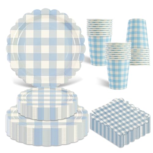 Juego de vajilla festoneada azul de 96 piezas, platos de papel y servilletas, vasos, pajitas, vajilla desechable para fiesta de cumpleaños, baby shower, suministros de fiesta