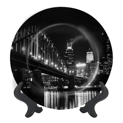 Decorative Plates for Display Night view downtown Pittsburgh Gift Plates Ceramic Collections Plates Hanging Artwork for Living Dining Room Kitchen Souvenir
