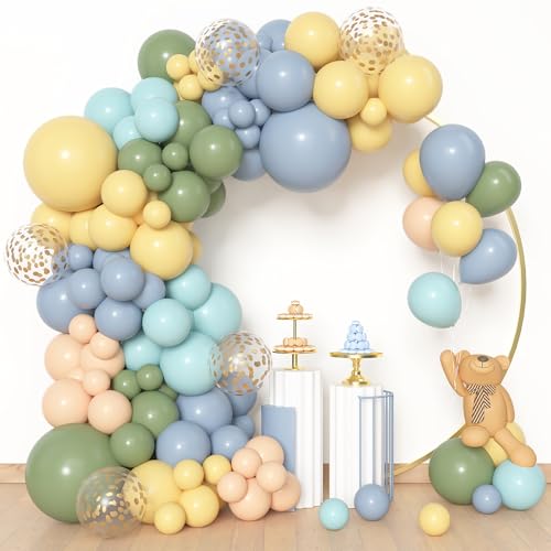 Image of Amandir 153pcs Blue and Yellow Sage Green Balloon Arch Kit Different Sizes | 18 12 10 5 inch Dusty Haze Blue Pastel Yellow Cream Gold Confetti Balloons for Birthday Party Bear Baby Shower Decorations