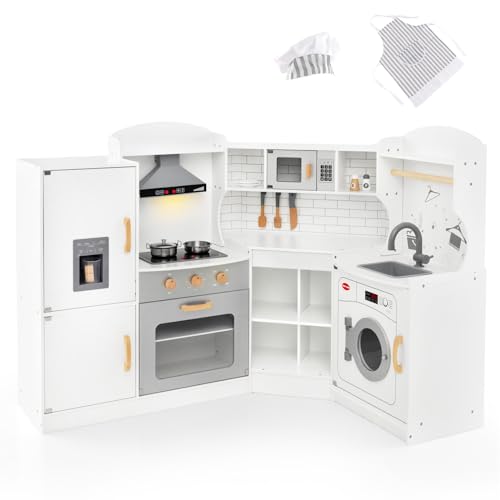 DREAMADE Kinderküche mit Licht und Sound, Kinder Küche Eckküche aus Holz mit Herd Spüle Backofen Waschmaschiene, Spielküche mit 14 TLG. Spielzubehör für Kinder ab 3 Jahren (Weiß)