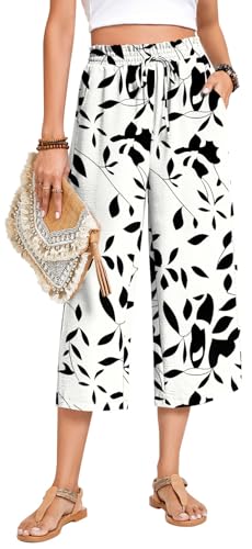 Image of Anyhold Women's Capri Pants Drawstring Casual Palazzo Trousers with Pockets Loose High Waisted Wide Leg Lounge Pants