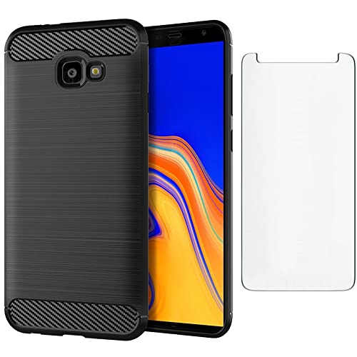Asuwish Compatible with Samsung Galaxy J4 Plus Case and Tempered Glass Screen Protector Cell Accessories Slim Protective Silicone Phone Covers for Glaxay J4 Prime Gaxaly J4 Core J4+ 2018 Dark Black