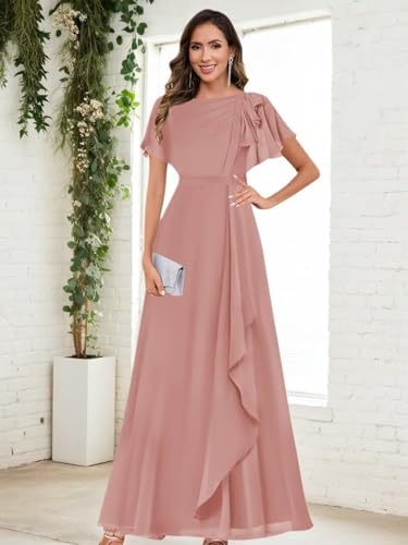 Chiffon Mother of The Bride Dresses Ruffle Short Sleeves Pleated Evening Gown Crew Neck Formal Dress for Wedding4