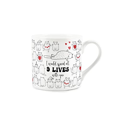 Purely Home Cat Love Anniversary Mug - I Would Spend All 9 Lives with You - Fine Bone China White Coffee/Tea Present Romantic Gift