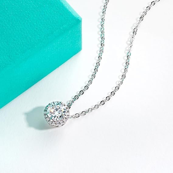 Naszyjnik damski - okrągły naszyjnik Moissanite z certyfikatem, srebro próby 925, kolor D, jakość VVS1, delikatne zaciskanie, długość łańcuszka 45 cm, odpowiedni do: Impreza/Podróż/Ślub/Urodziny
