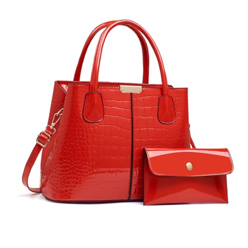 Image of NICOLE & DORIS Women Handbags 2 Pcs Top Handle Bag Crocodile Handbag and Purse Set Patent Leather Tote Bag Shoulder Bags Crossbody Bag for Work Travel Shopping Red