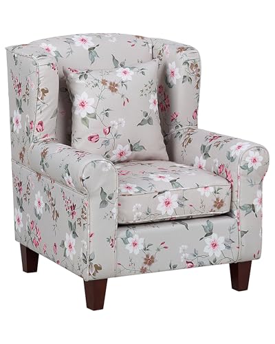 Beliani Fauteuil Bergère en Tissu Beige Clair Motif Floral Multicolore avec Repose-Pied Assorti Confortable pour Salon ou Coin Lecture Traditionnel