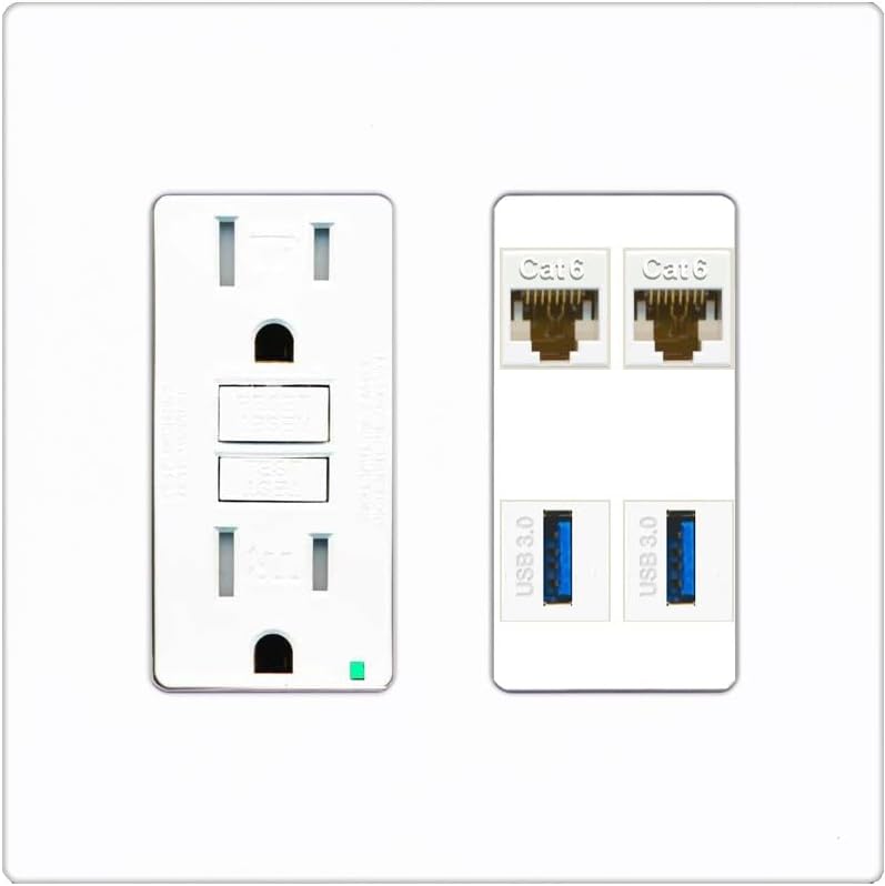 RiteAV 2 Port Cat6 2 USB3 Wall Plate - GFCI Outlet [Screwless White]