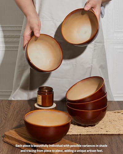 Image of Pokini Reactive Glaze Bowls Set of 6, Microwave and Dishwasher Safe Bowls, Stoneware Soup Bowls, Kitchen Bowl Set for Cereal Soup Rice Pasta Salad Oatmeal, Brown and Yellow