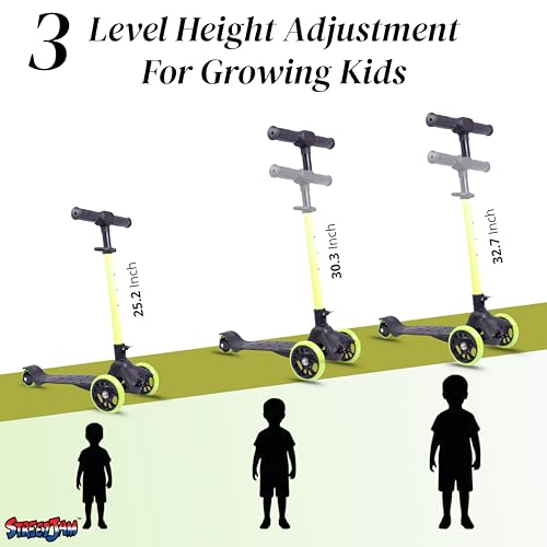 Image of STREETJAM Komiks Kids Kick Scooter for 3-12 Years, Tilt & Turn Safety Lock (1st Time in India), BIS Approved, Lean-to-Steer, Wide Deck, Adjustable Height, Up to 35 kg Load (Black with Neon Green's)