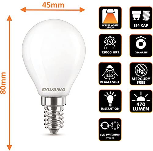SYLVANIA G45 Mini Globe Frosted LED Light Bulb, Dimmable, E14, 4.5W, 470 Lumens, Warm White 2700K - 6 Pack - Image 2