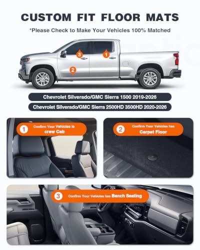 Image of Front Floor Mats for Chevy Silverado & GMC Sierra 1500 /2500HD /3500HD 2019-2025 2026 Crew Cab (with 40-20-40 Bench Seat), All-Weather TPE Custom Fit Floor Liners