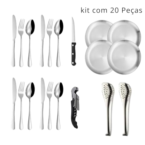 Kit refeição Talheres 20 Pçs Portátil Maleta Camping Viagem Parque (Prateado)