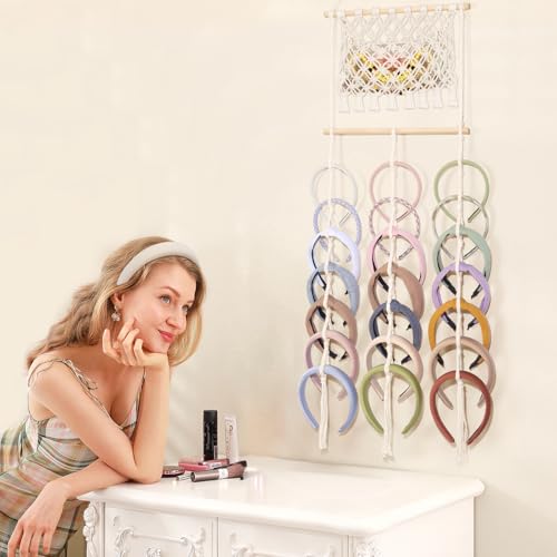AOFLLU Headband Holder Hair Bow Organizer for Women, Macrame Bow Holder Hair Accessories Organizer hairband Storage Large Capacity Wall Hanging for Girls Bedroom Decor — view 6