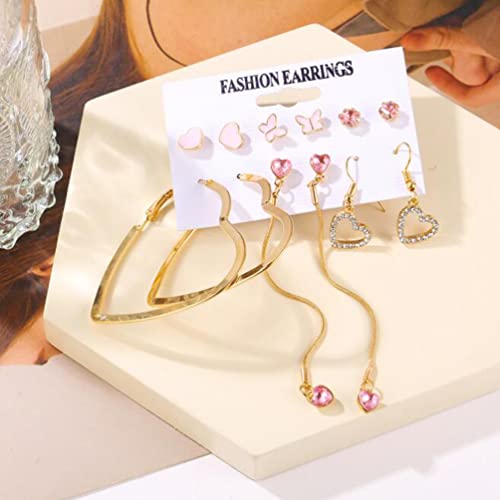Creative Simple Retro Love Star Chain Earrings Pink Diamond Love Butterfly Earrings Set 6 Pieces #TOP4