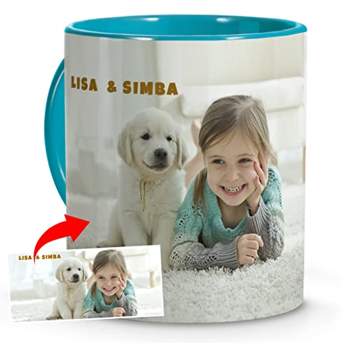Mug Enfant Petit Déjeuner Personnalisée avec Photo. Cadeaux Personnalisés avec Photo. Couleur Intérieure et Couleur de Poignée au Choix. Mugs en Céramique Personnalisés. Intérieure et Anse Bleu Clair